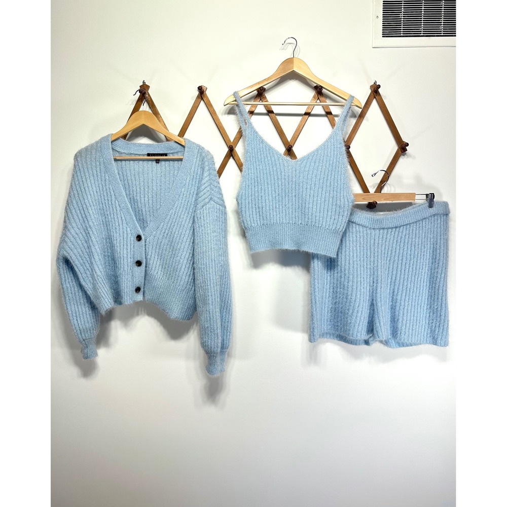 Eloquii 3 Piece Fuzzy Sweater Set: pale Blue Cardigan, tank, & shorts Plus Size